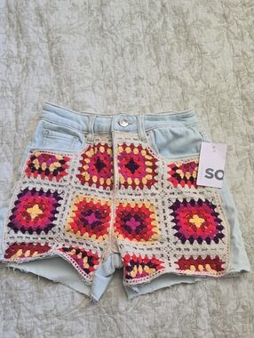 SO Light Blue Denim Shorts with Multicolor Crochet Front